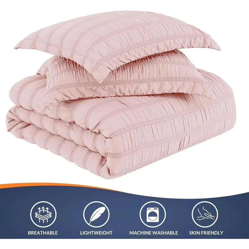 Pink Seersucker Comforter Set King Size (104X90 In), 3 Pieces Crinkle